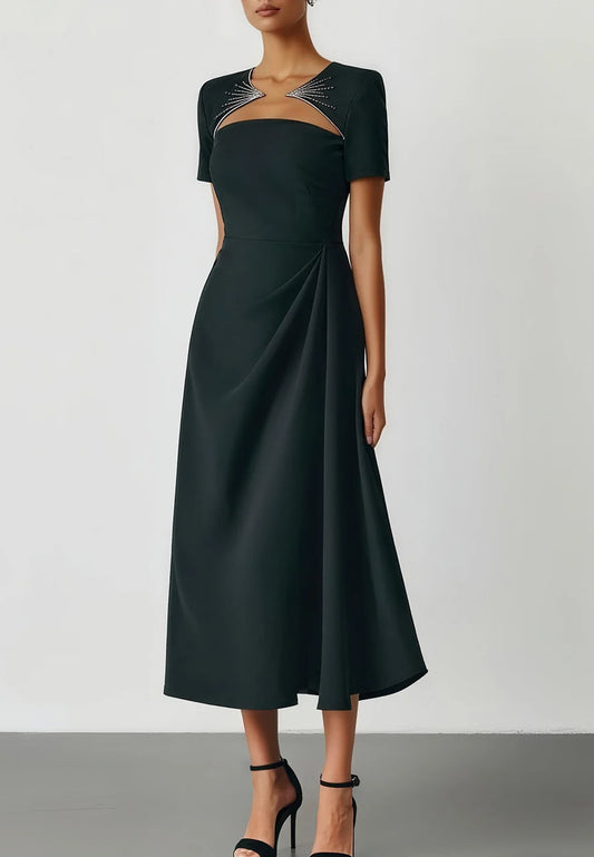 Black Ruched Hotfix Embellished Classic Crew Neck Short Sleeve A-Line Midi Dress