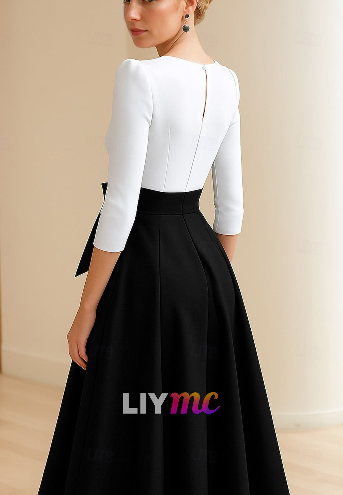 Black and White A-Line Cocktail Dresses Elegant Dress Formal Wedding Tea Length Midi Length Half Sleeve V Neck Pleats