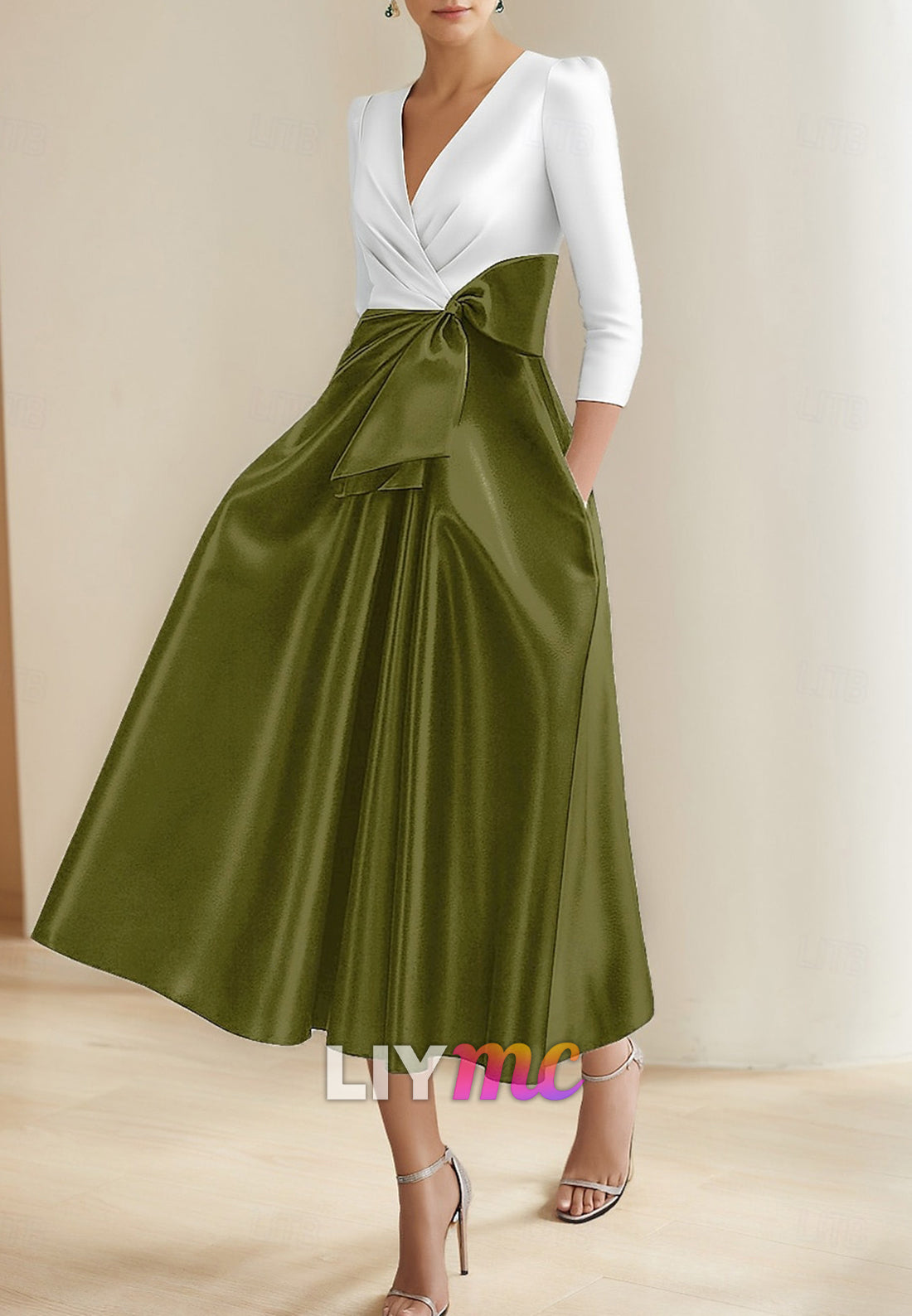 Black and White A-Line Cocktail Dresses Elegant Dress Formal Wedding Tea Length Midi Length Half Sleeve V Neck Pleats