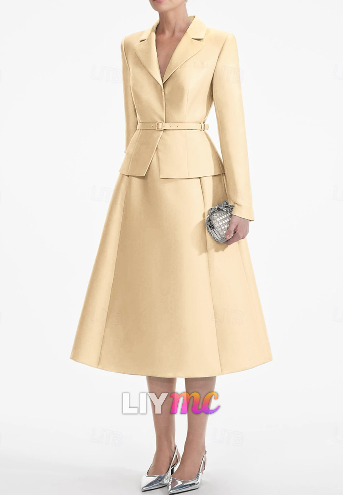 Blazer Long Sleeves Belt A-Line Midi Mother of Bride Dresss