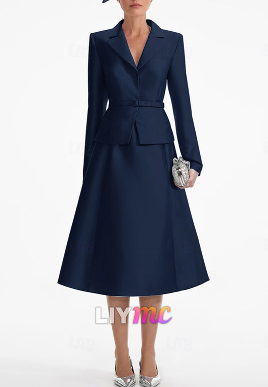 Blazer Long Sleeves Belt A-Line Midi Mother of Bride Dresss
