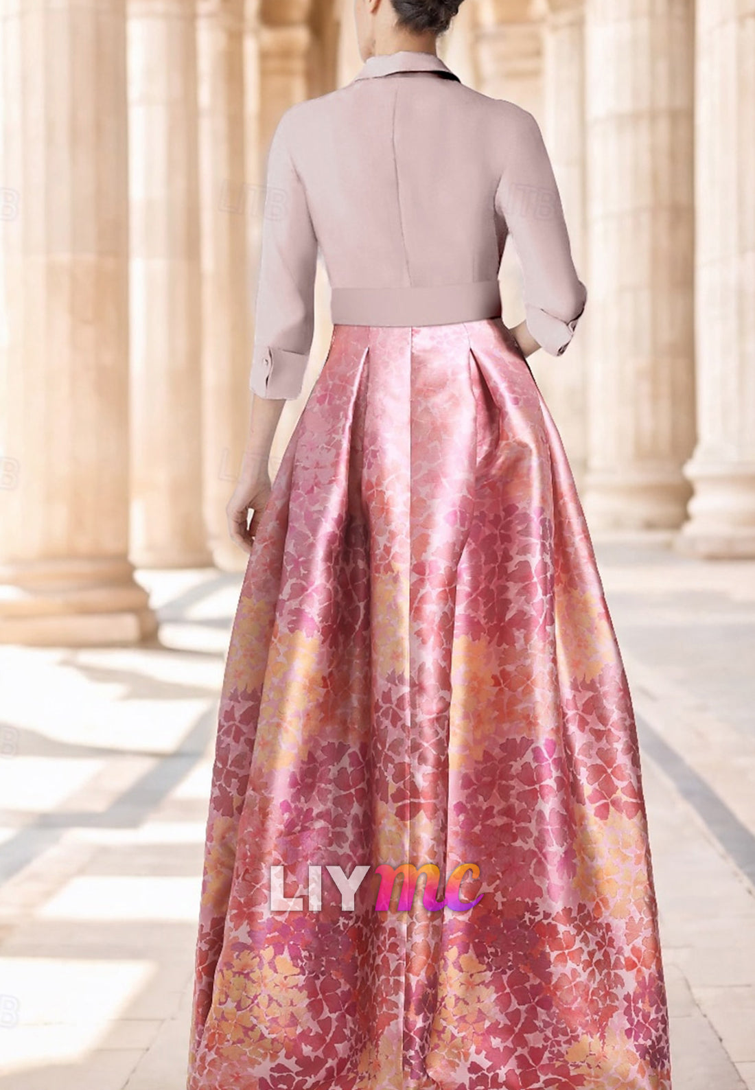 Blazer V-Neck Long Sleeves Floral Printed A-Line Mother of Bride Dress