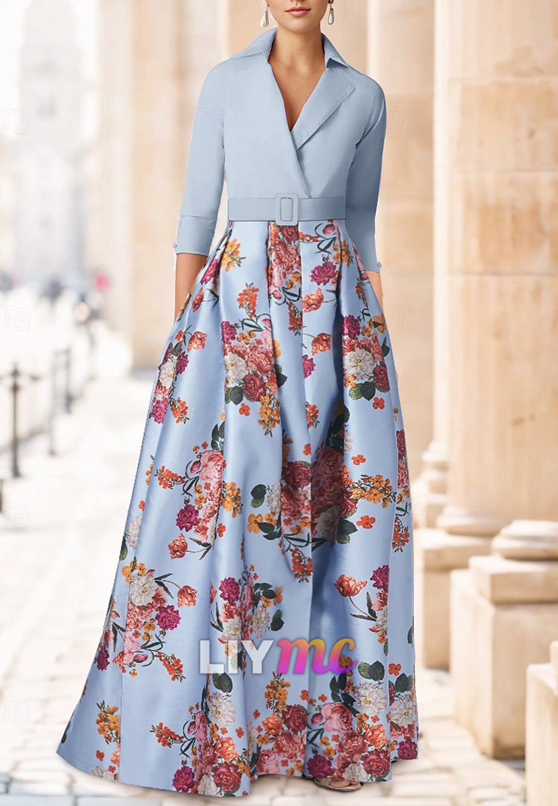 Blazer V-Neck Long Sleeves Floral Printed A-Line Mother of Bride Dress