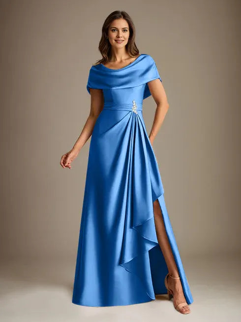 A-Line Scoop Floor-Length Stretch Satin Mother of the Bride Dress With Cascading Ruffles