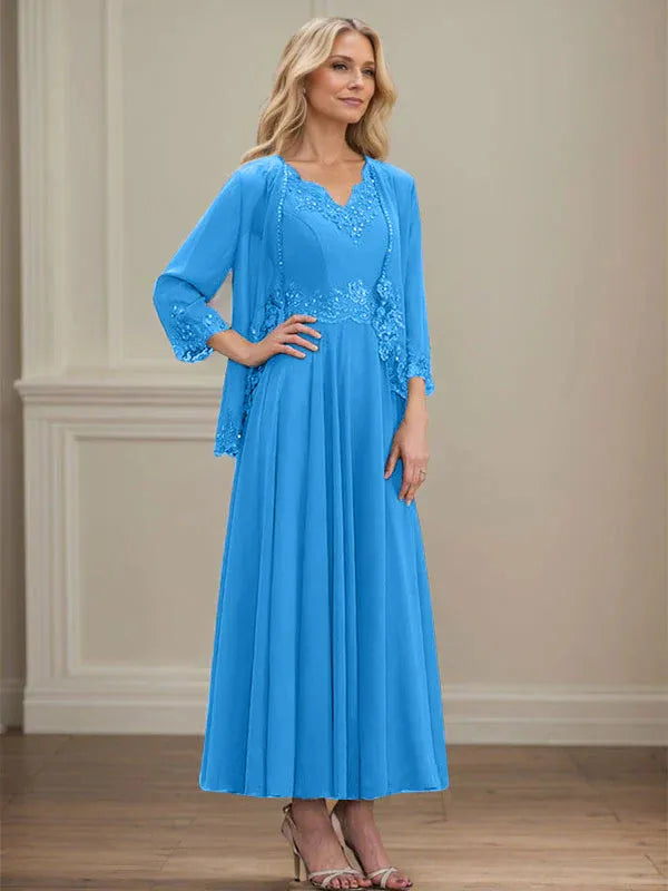A-line V-Neck Ankle-Length Chiffon Mother of the Bride Dress With Sequins Appliques Lace Beading