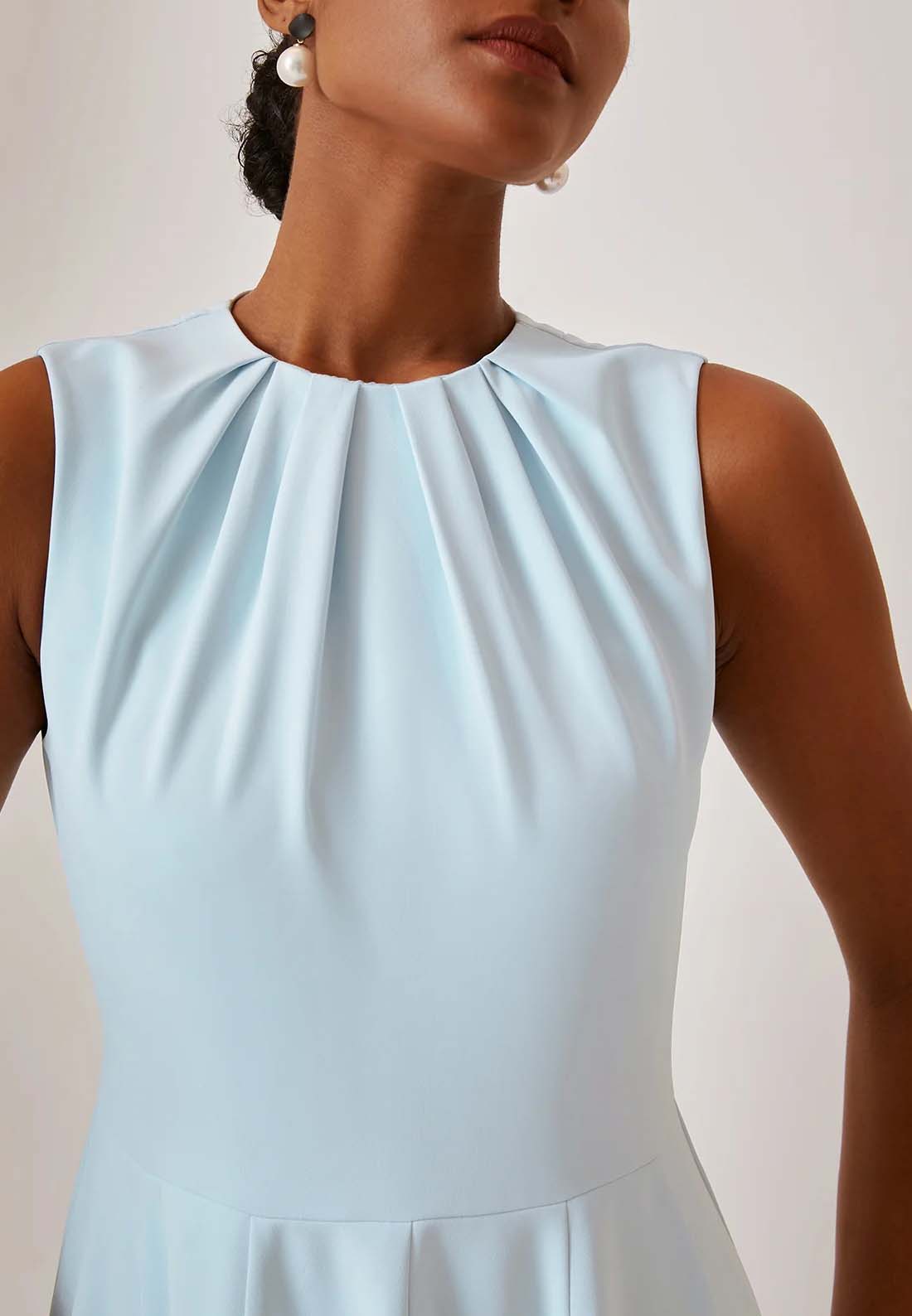 Blue Ruched Crew Neck Sleeveless A-Line Midi Dress