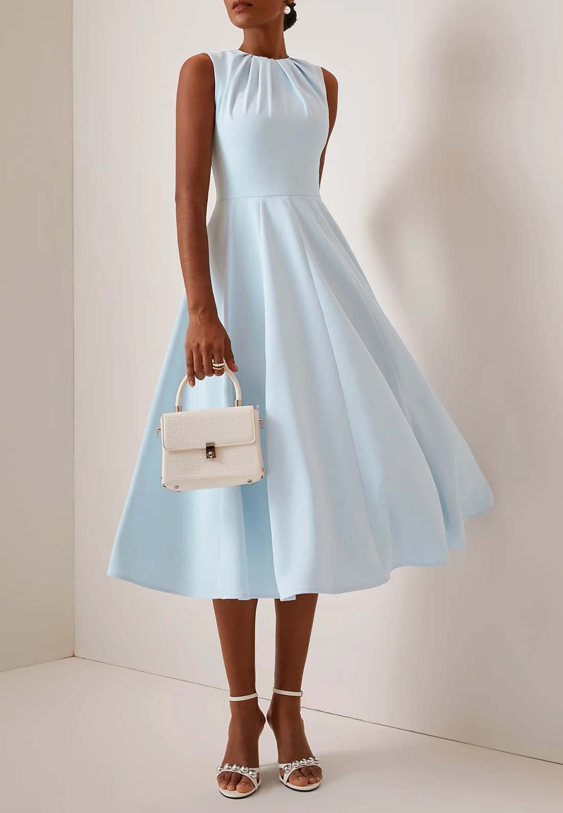 Blue Ruched Crew Neck Sleeveless A-Line Midi Dress
