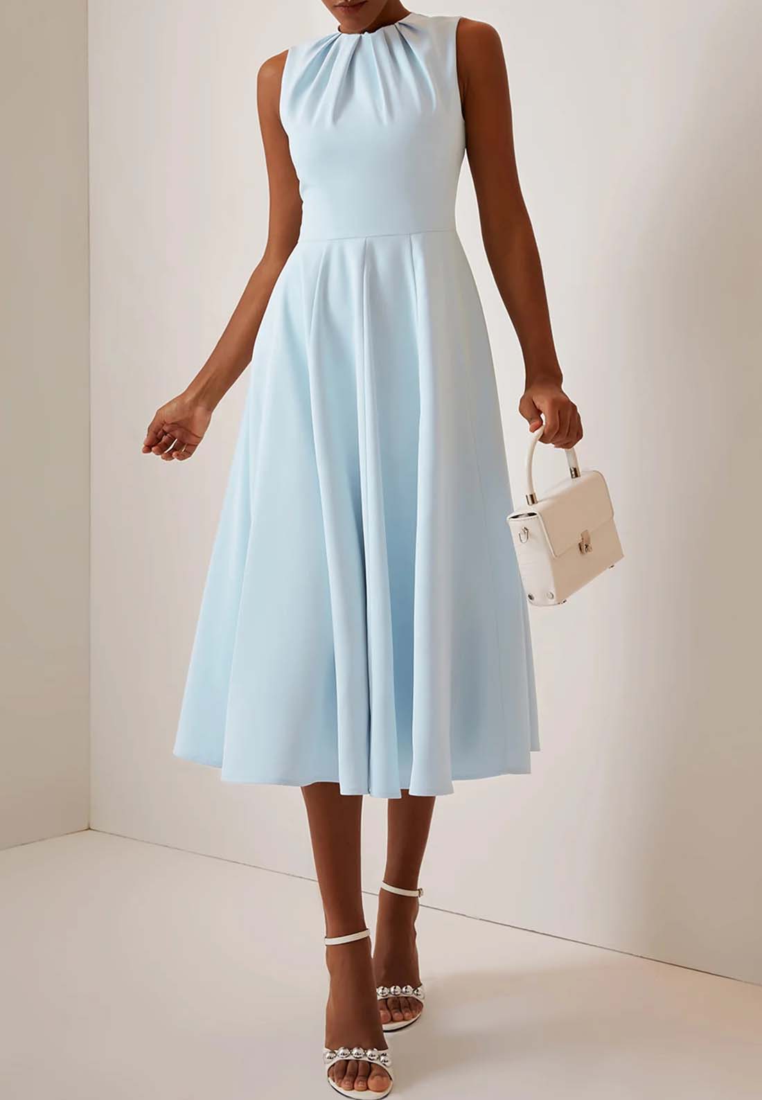 Blue Ruched Crew Neck Sleeveless A-Line Midi Dress
