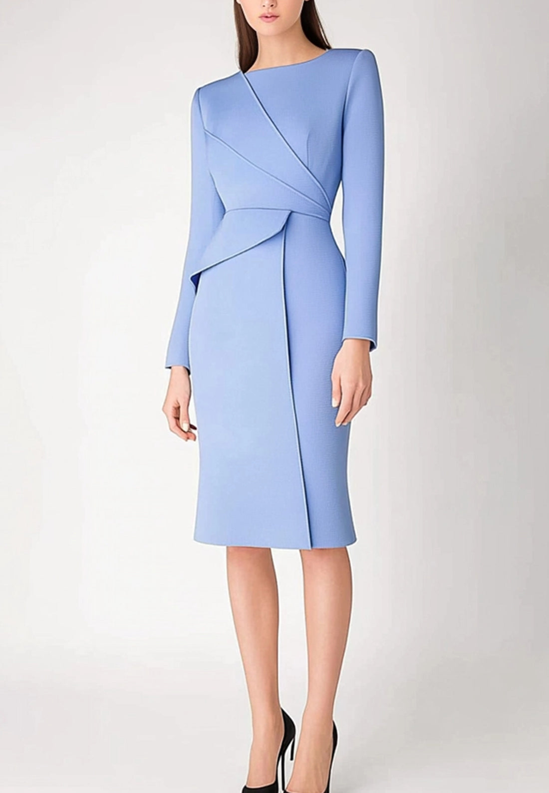 Blue Work Business Dress Long Sleeve Wedding Guest Midi Dress