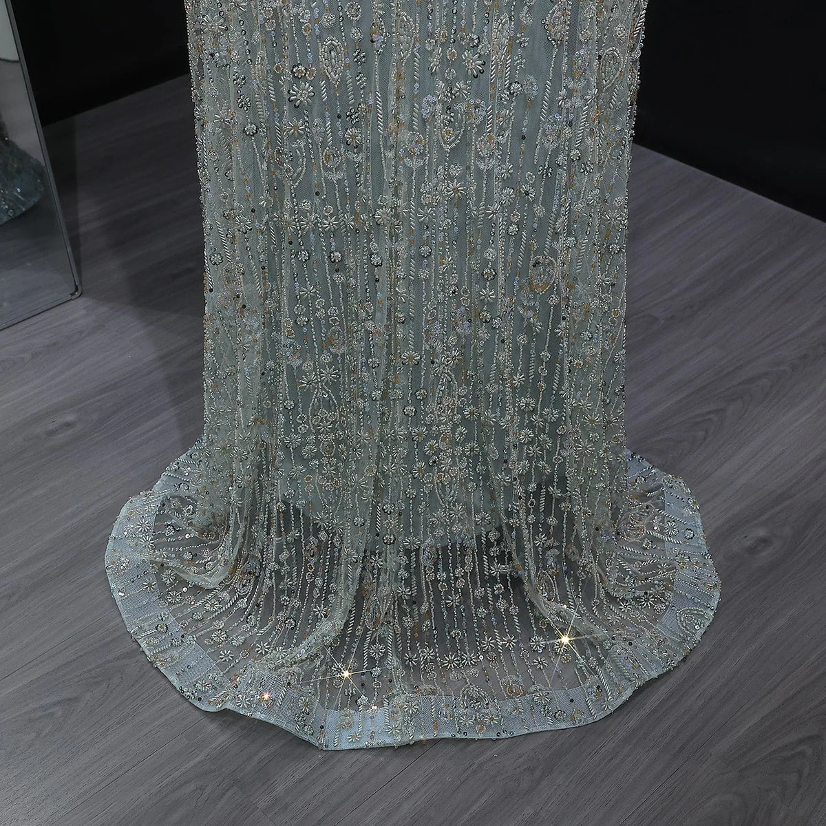 Elegant Dubai Style Blue Evening Dress with Beads and Feathers