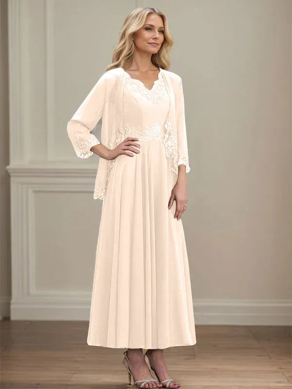 A-line V-Neck Ankle-Length Chiffon Mother of the Bride Dress With Sequins Appliques Lace Beading