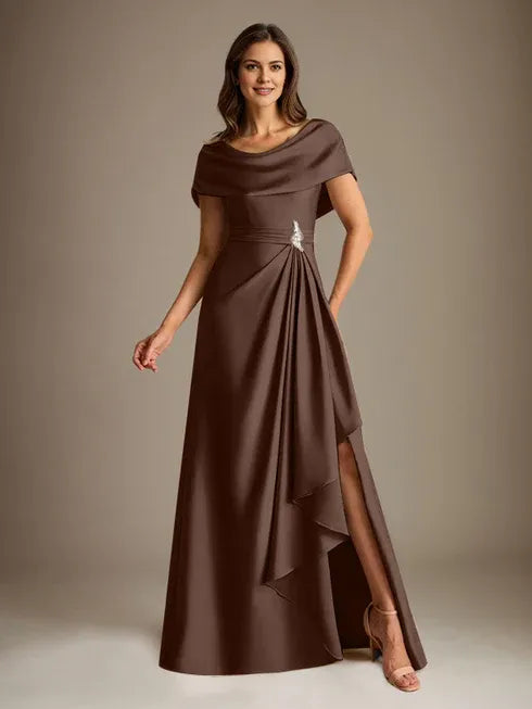 A-Line Scoop Floor-Length Stretch Satin Mother of the Bride Dress With Cascading Ruffles