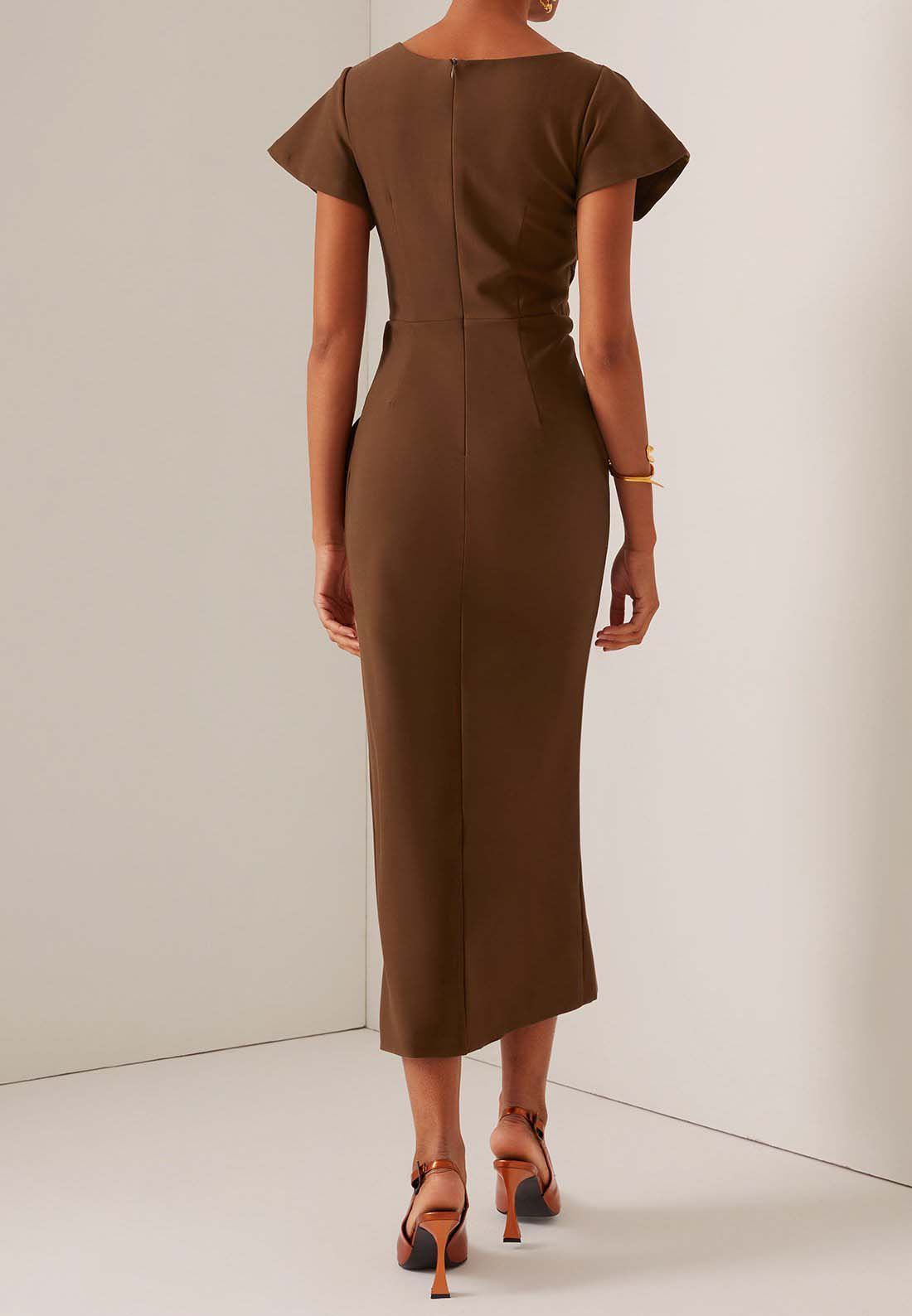 Brown Ruched Short Sleeve Sheath Midi Dress