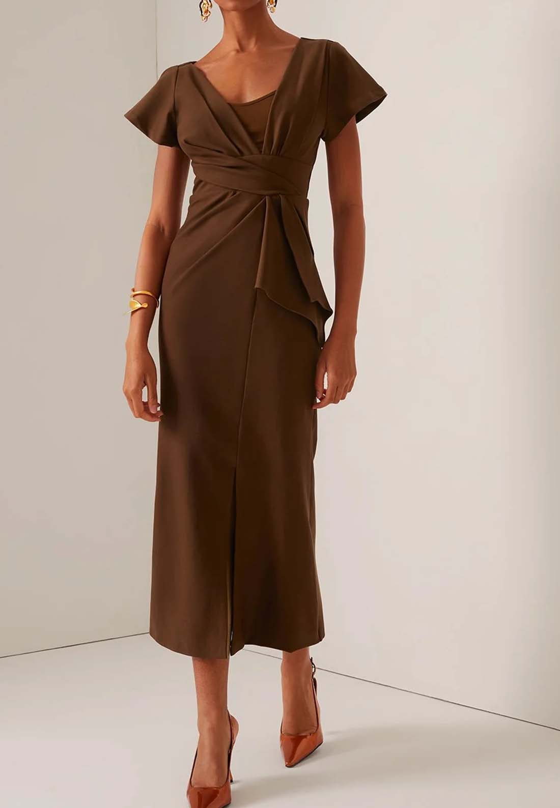 Brown Ruched Short Sleeve Sheath Midi Dress
