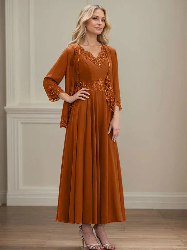 A-line V-Neck Ankle-Length Chiffon Mother of the Bride Dress With Sequins Appliques Lace Beading
