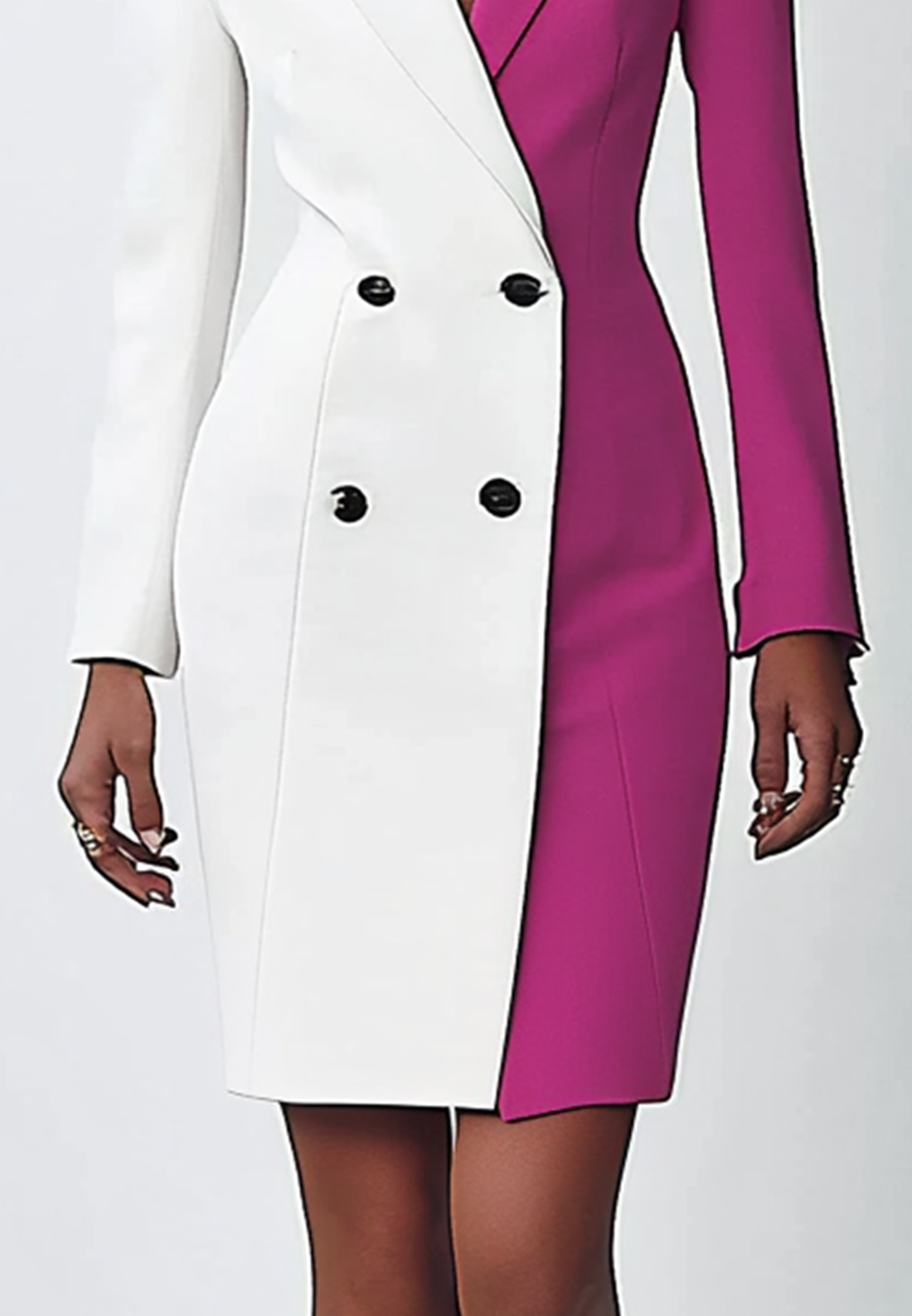 Business Work Blazer Dress Fuchsia White Long-Sleeve Midi Dress