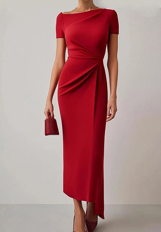 Business Work Red Dress Crew Neck Pleat Midi Dress