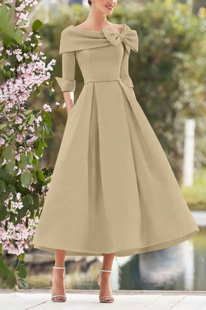 A Line Cowl Neck 3/4 Sleeves Tea Length Elegant Mother Dresses CM0348