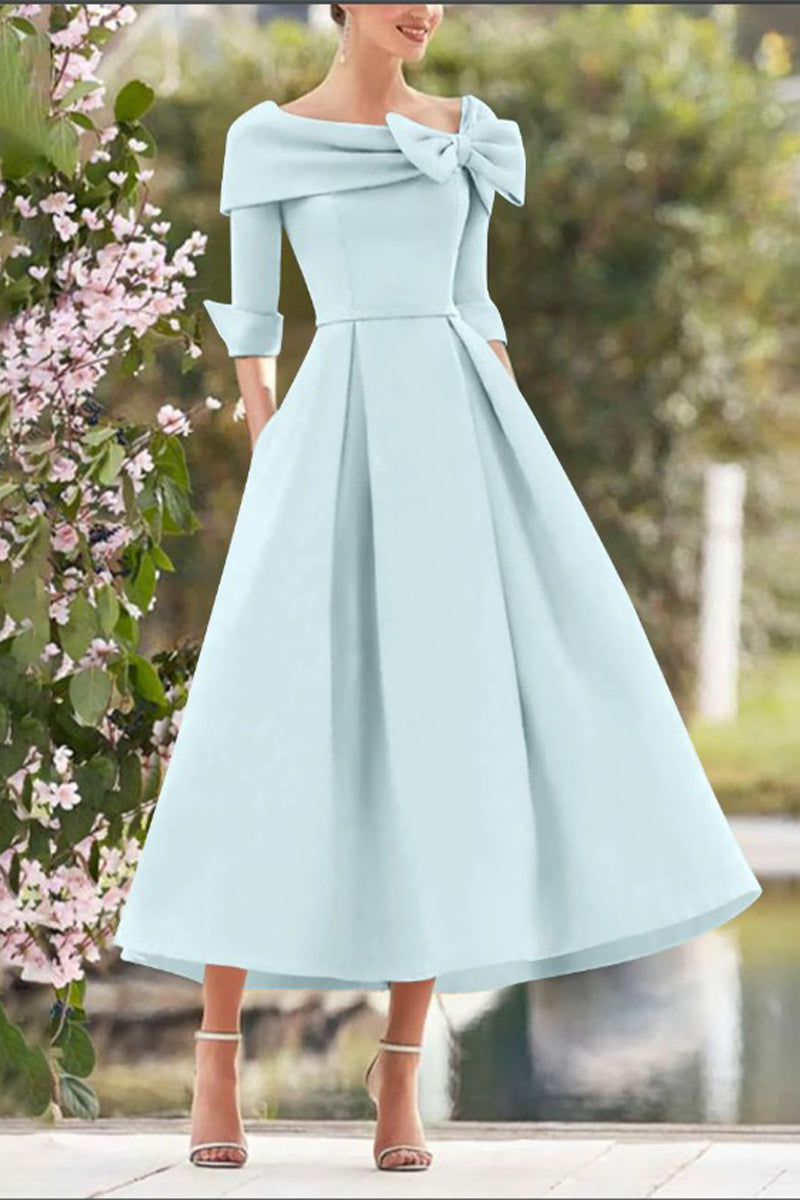A Line Cowl Neck 3/4 Sleeves Tea Length Elegant Mother Dresses CM0348