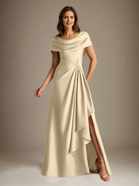 A-Line Scoop Floor-Length Stretch Satin Mother of the Bride Dress With Cascading Ruffles