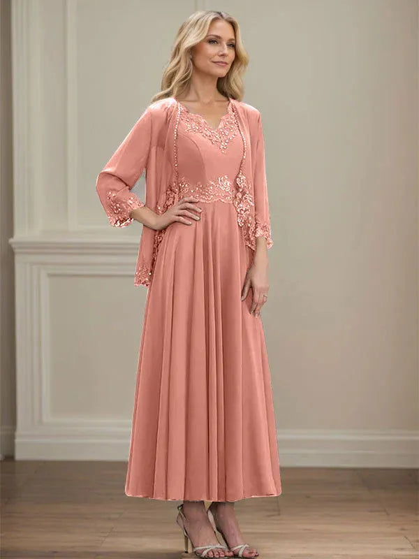 A-line V-Neck Ankle-Length Chiffon Mother of the Bride Dress With Sequins Appliques Lace Beading