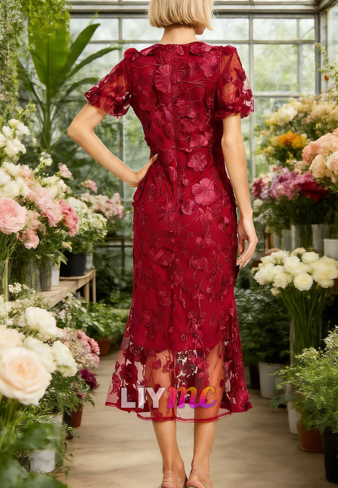 Cocktail Dress Quincy Red Flower Mesh Dress