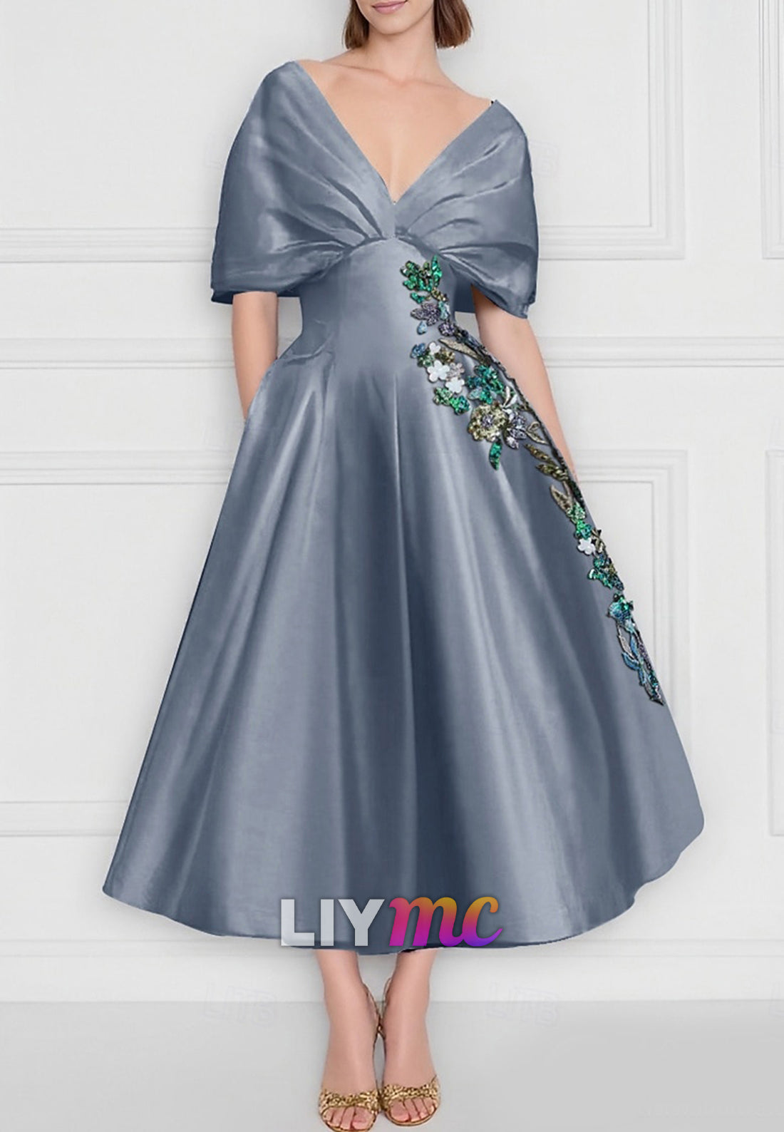 Cocktail Dresses Elegant Dress Formal WeddingOff Shoulder Satin with Floral Print Embroidery Pocket