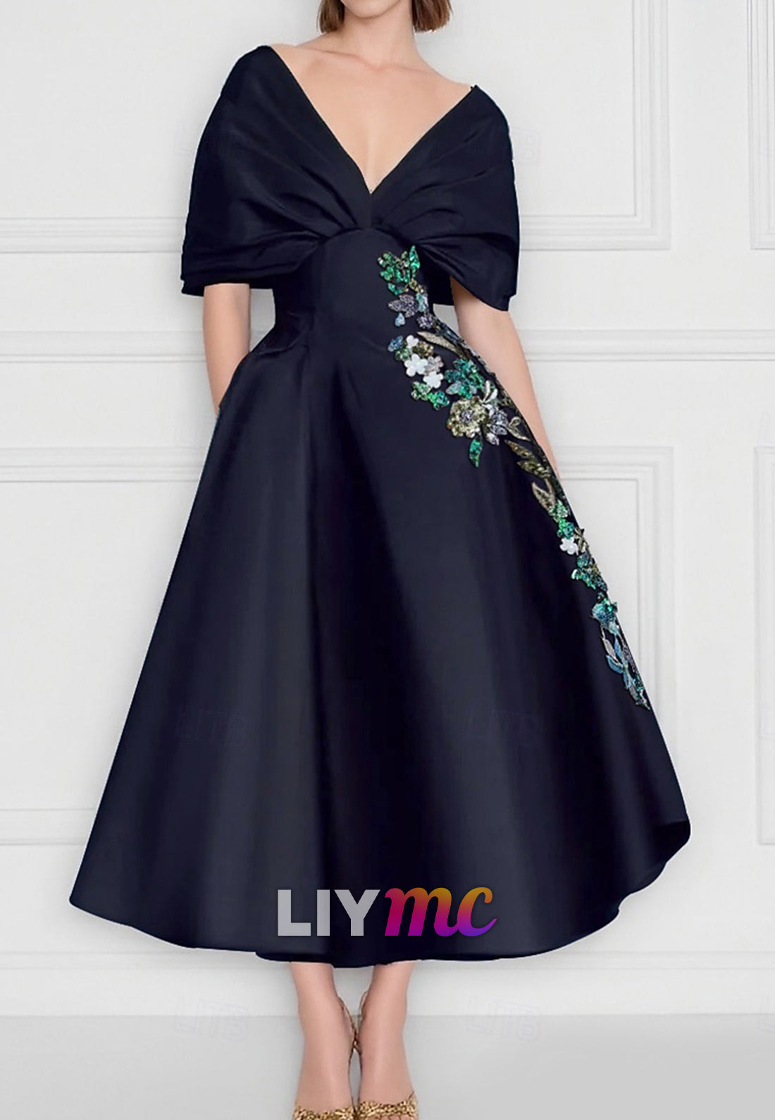 Cocktail Dresses Elegant Dress Formal WeddingOff Shoulder Satin with Floral Print Embroidery Pocket