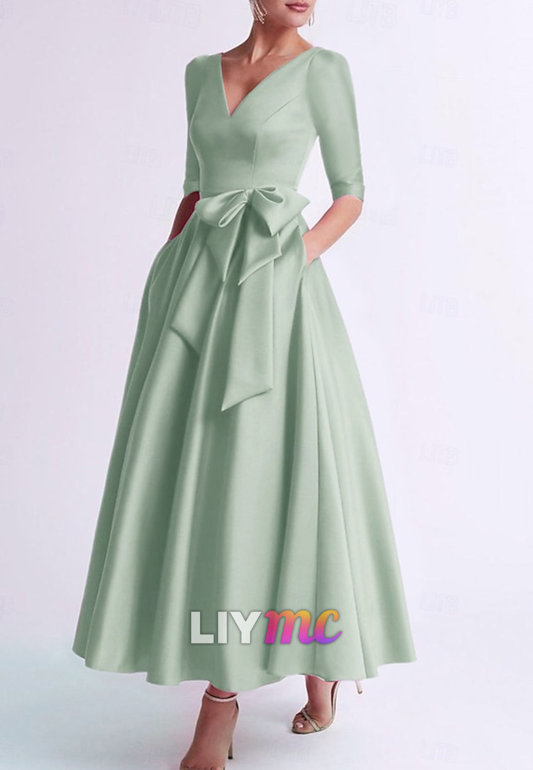 Cocktail Dresses Elegant Dress Wedding Guest V Neck Pocket Satin with Bow