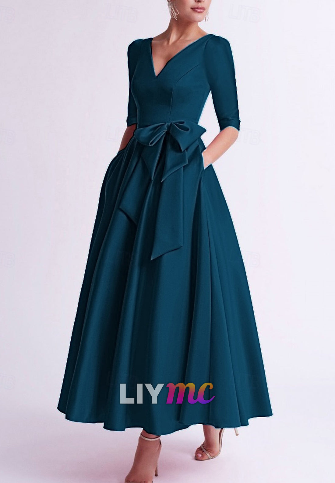 Cocktail Dresses Elegant Dress Wedding Guest V Neck Pocket Satin with Bow