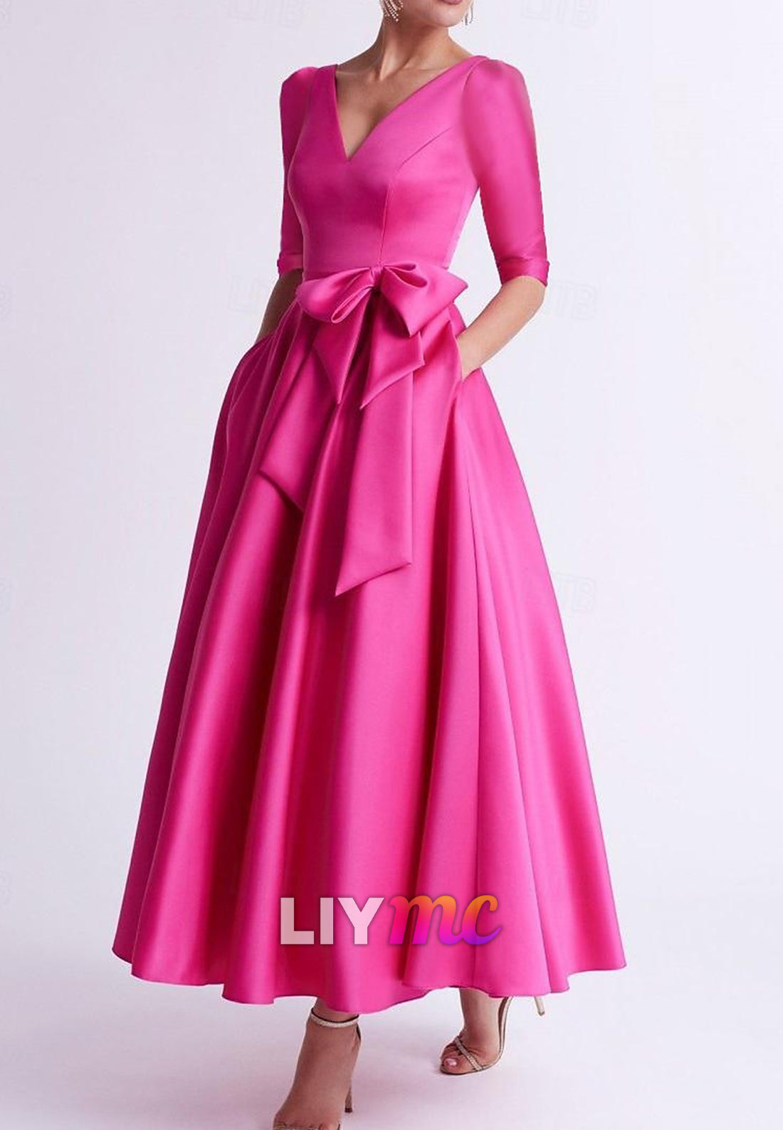 Cocktail Dresses Elegant Dress Wedding Guest V Neck Pocket Satin with Bow