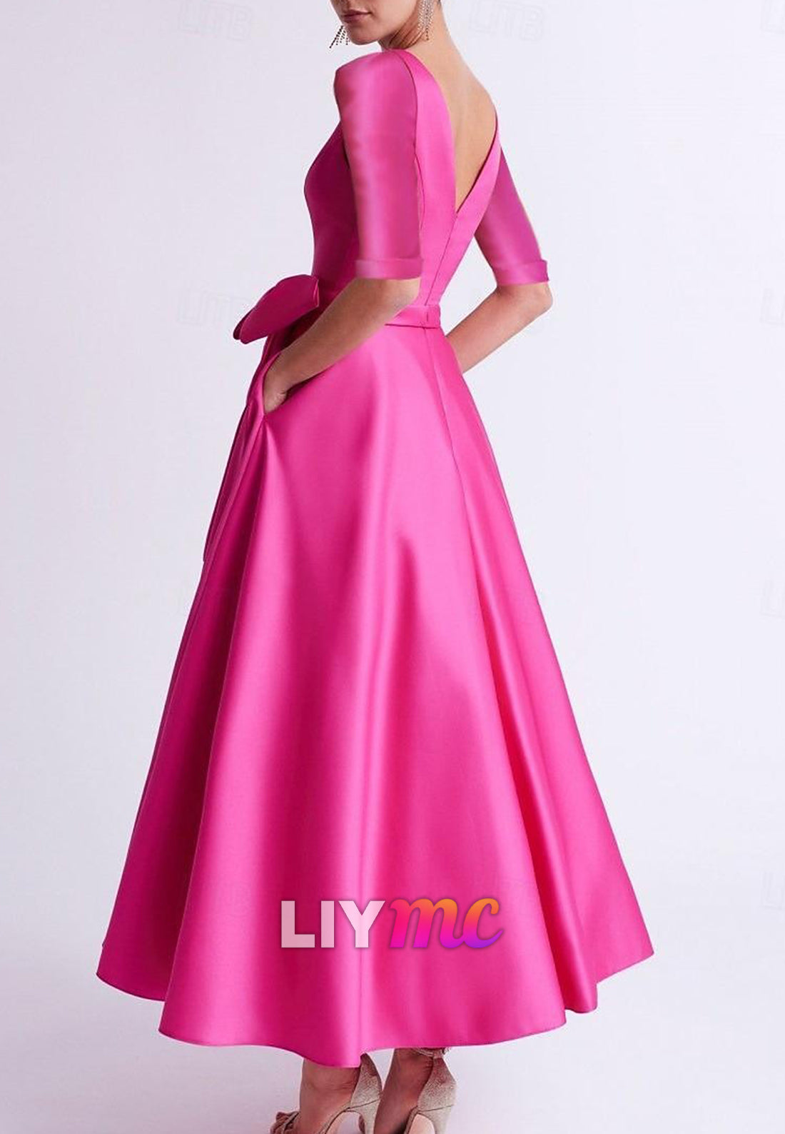 Cocktail Dresses Elegant Dress Wedding Guest V Neck Pocket Satin with Bow