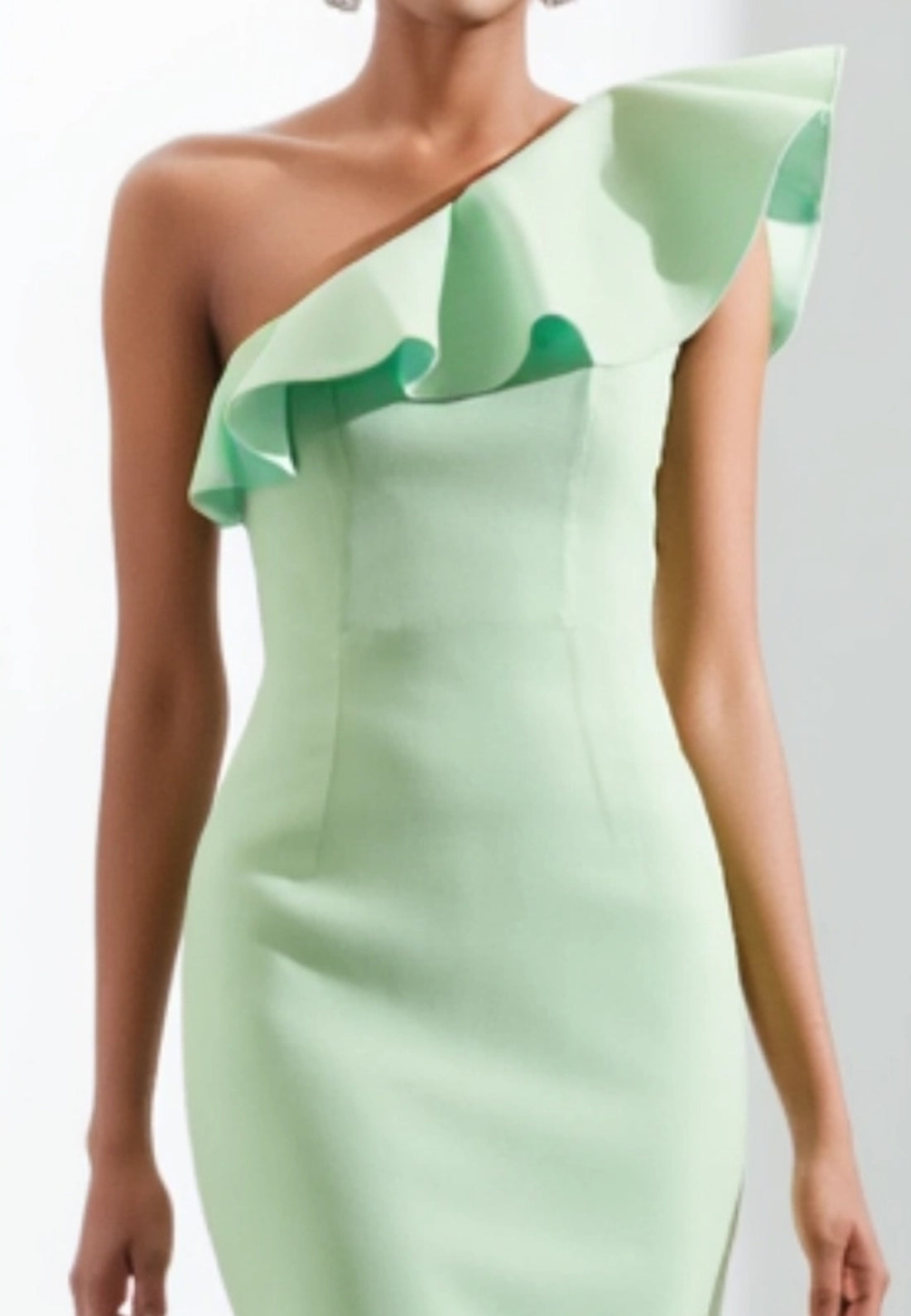 Cocktail Party Dress Green One Shoulder Ruffle Midi Dress