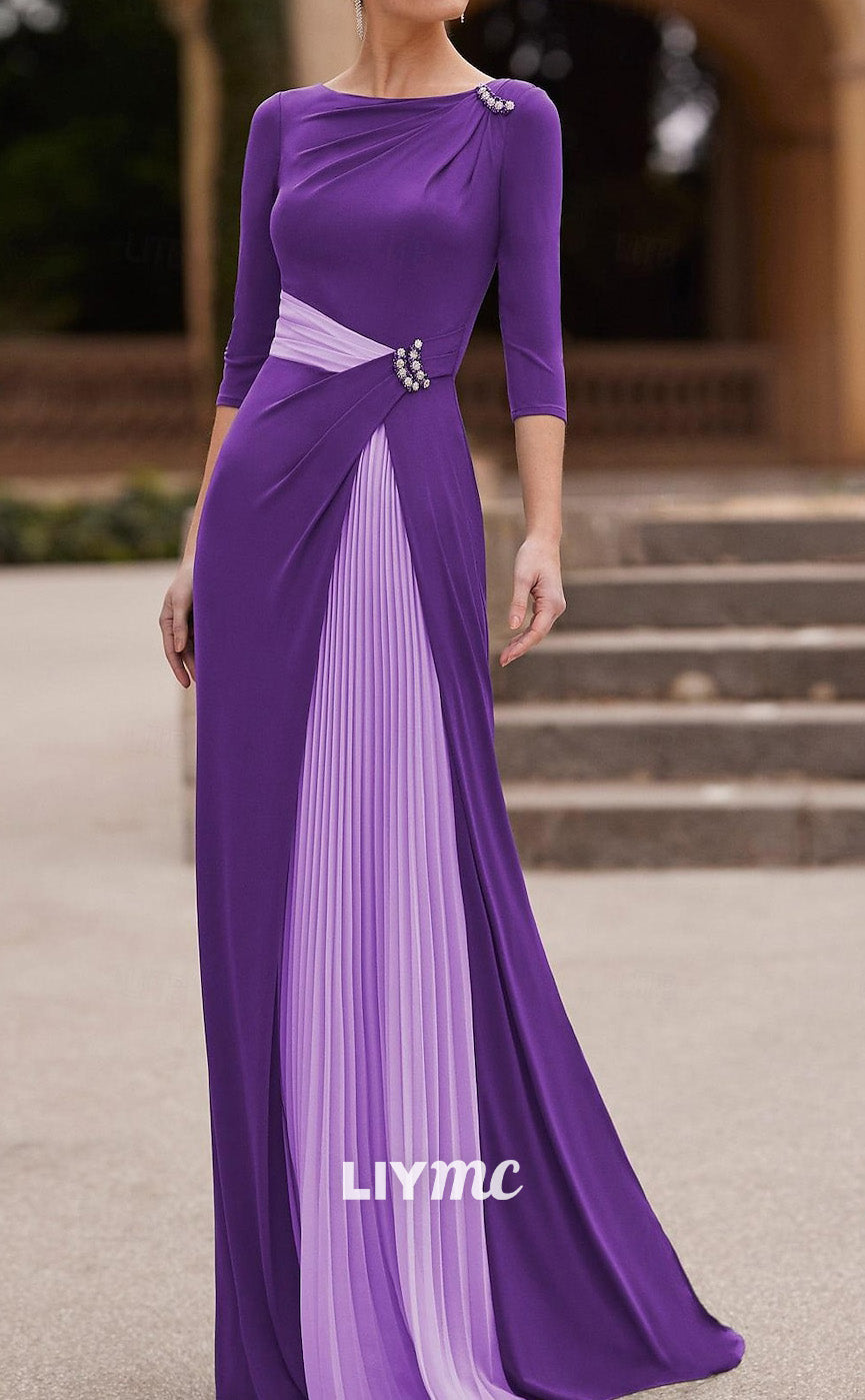 M1074 - Column Mother of the Bride Dress Elegant Jewel Neck Floor Length Crepe Stretch Chiffon 34 Length Sleeve
