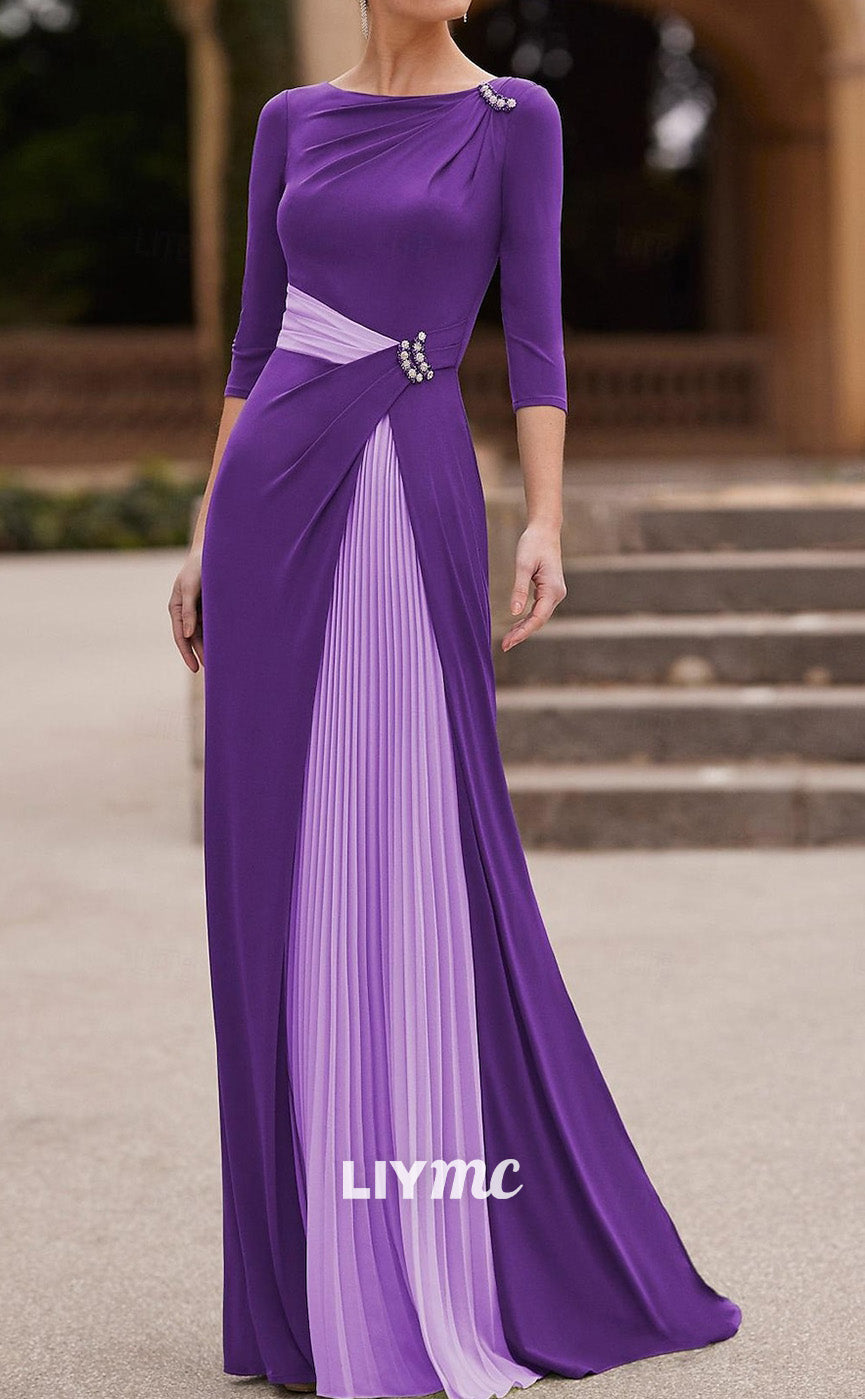 M1074 - Column Mother of the Bride Dress Elegant Jewel Neck Floor Length Crepe Stretch Chiffon 34 Length Sleeve