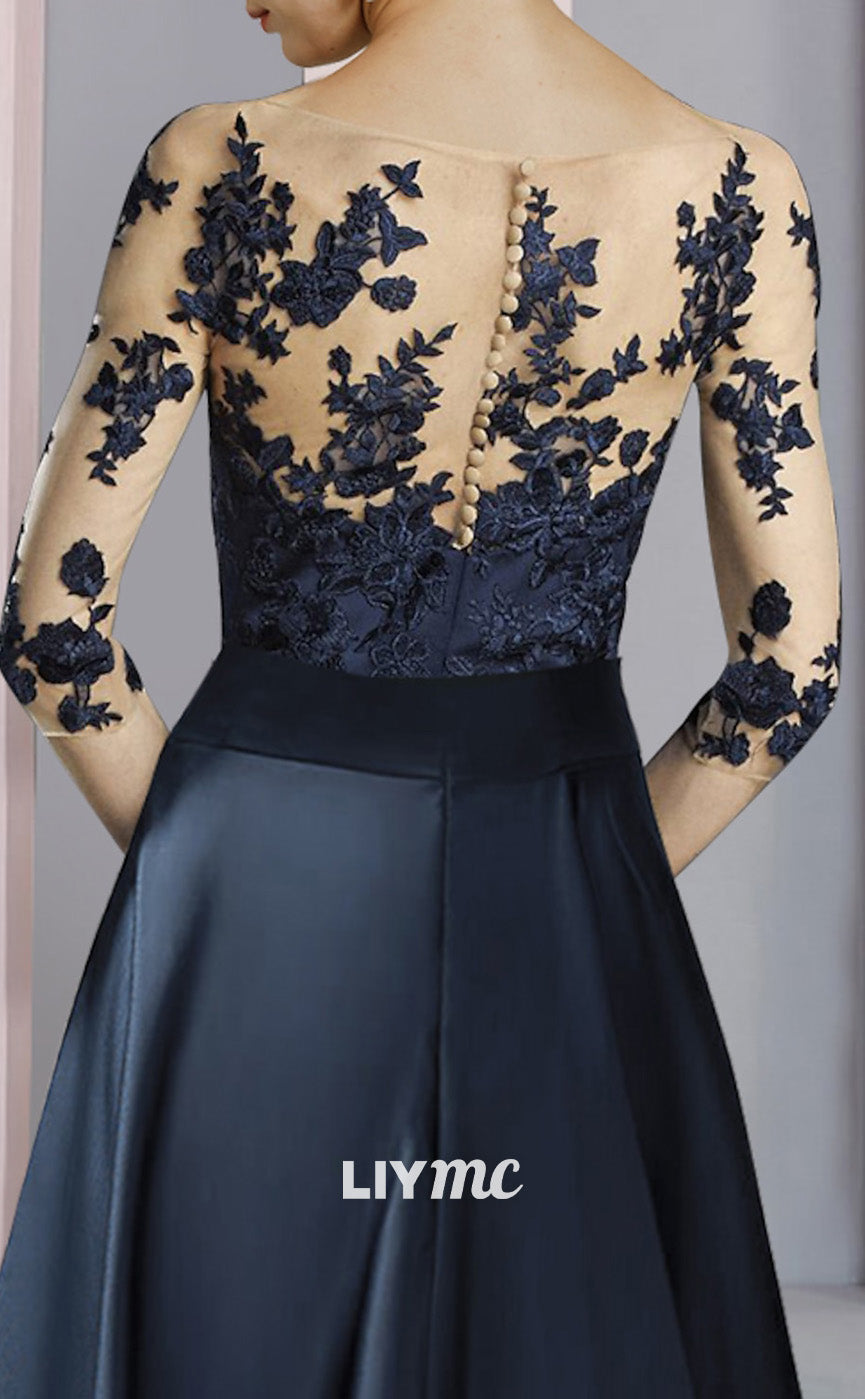 M1082 - Column Mother of the Bride Dress  Scoop Neck Ankle Length Satin Lace Half Sleeve with Bow