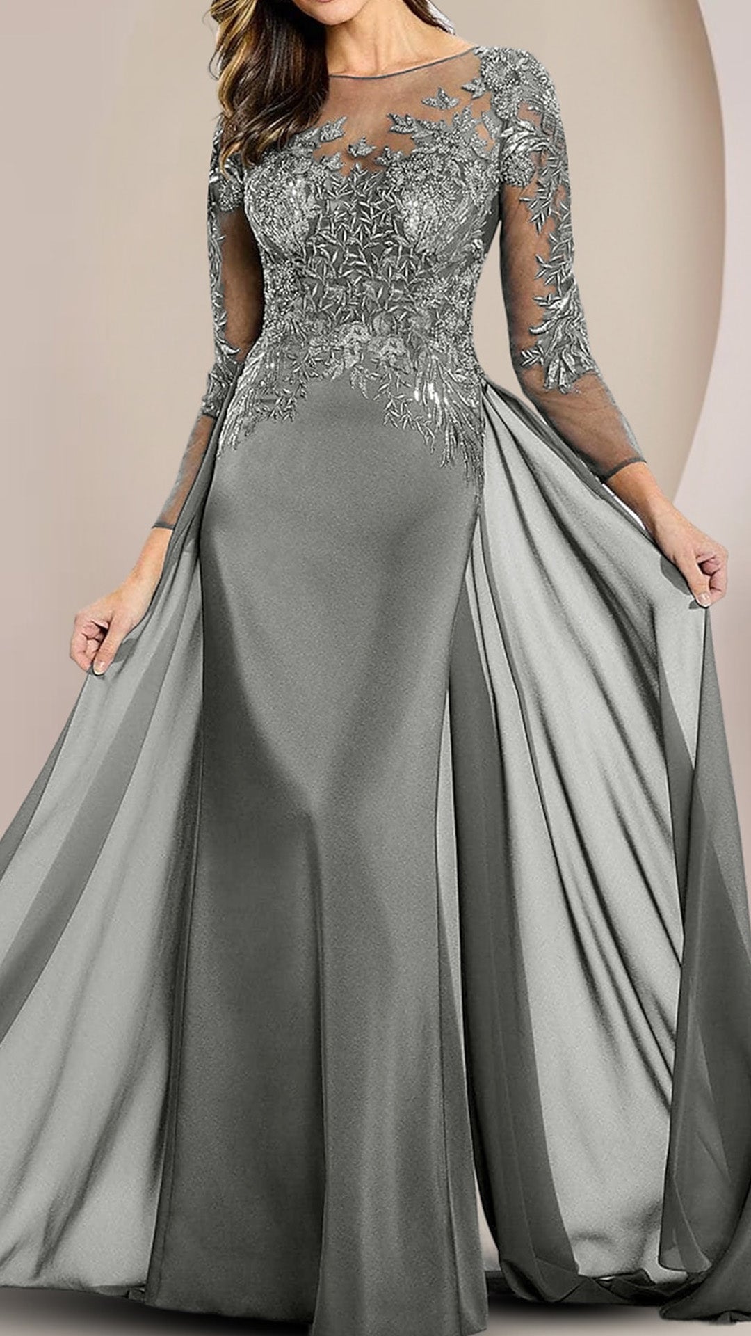 M1066 - Column Mother of the Bride Dress Scoop Neck Floor Length Chiffon Lace Long Sleeve with Beading Appliques
