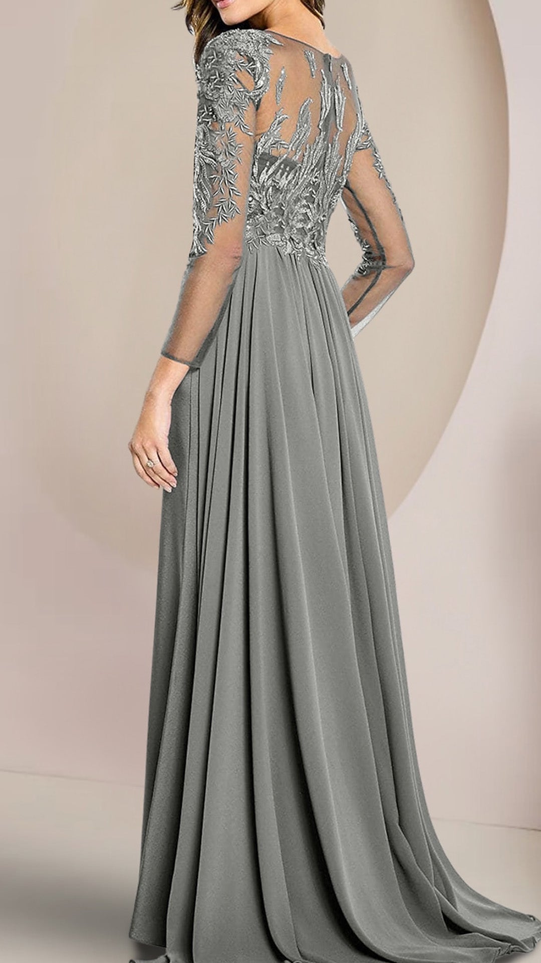 M1066 - Column Mother of the Bride Dress Scoop Neck Floor Length Chiffon Lace Long Sleeve with Beading Appliques
