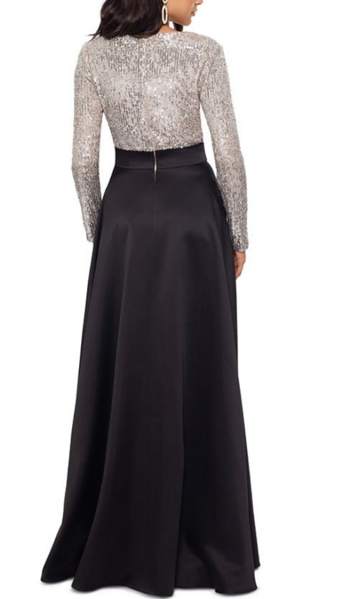 M1070 - Column Mother of the Bride Dress Shine V Neck Floor Length Satin Sequined Long Sleeve with Bow(s) Pleats