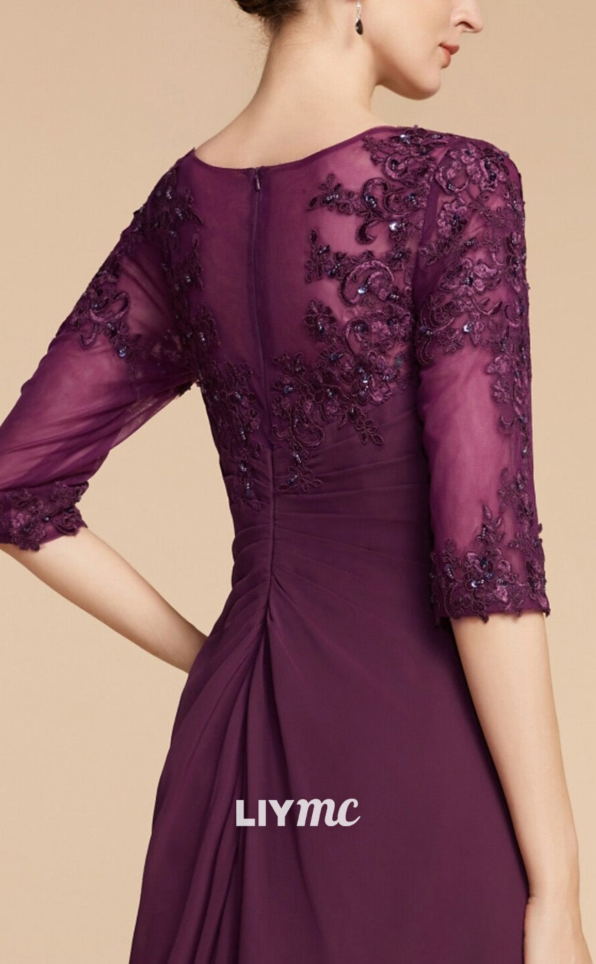M1086 - Column Mother of the Bride Dress Wedding Guest Elegant Scoop Neck Floor Length Chiffon Lace Half Sleeve with Pleats Sequin