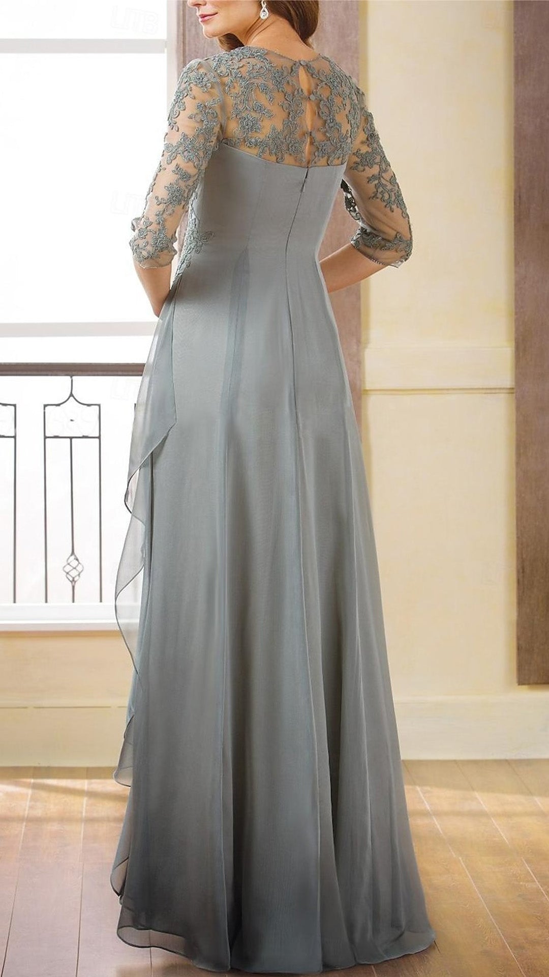 M1071 - Column Mother of the Bride Dress t Floor Length Chiffon 34 Length Sleeve with Ruched Appliques