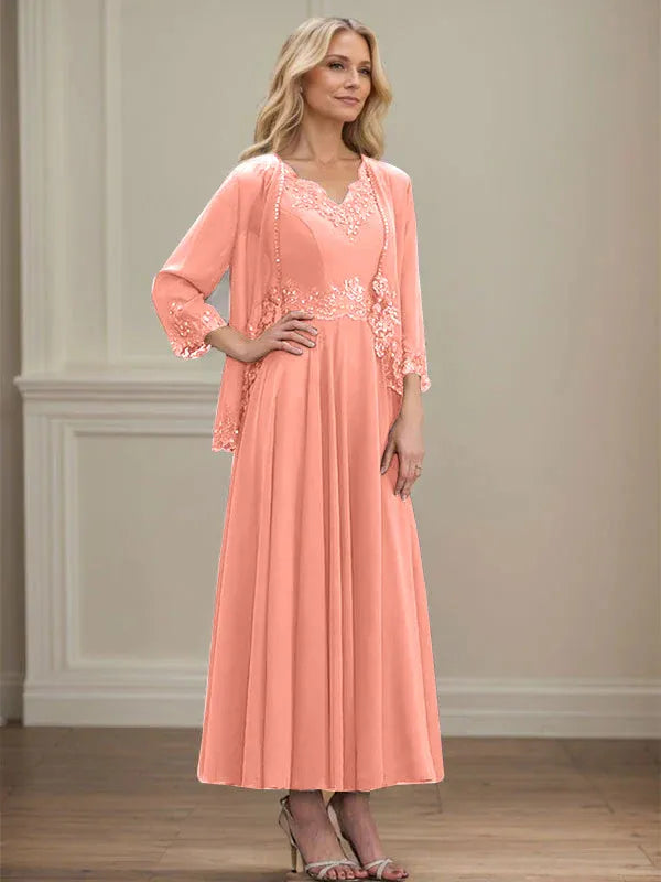 A-line V-Neck Ankle-Length Chiffon Mother of the Bride Dress With Sequins Appliques Lace Beading