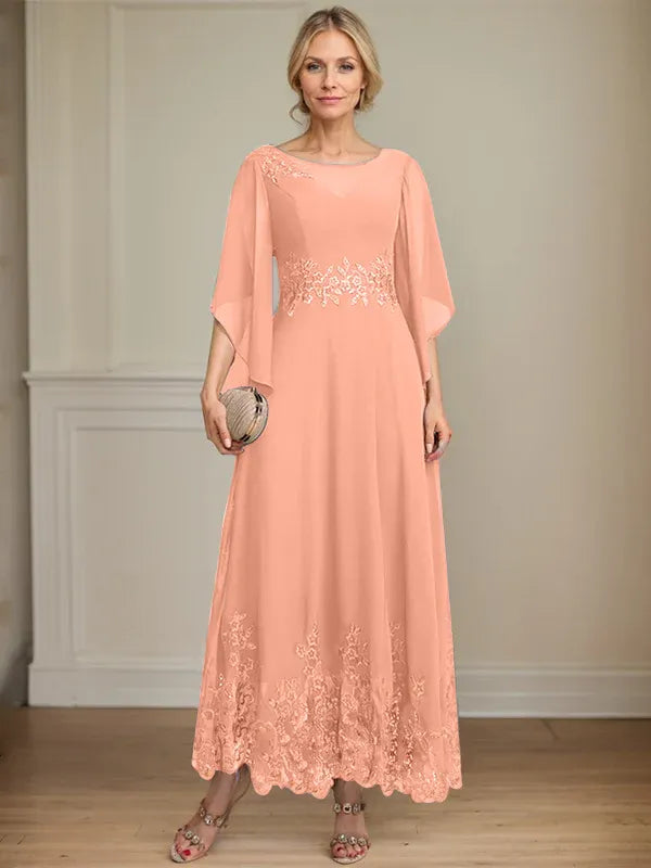 A-line Scoop Illusion Ankle-Length Lace Chiffon Mother of the Bride Dress With Sequins