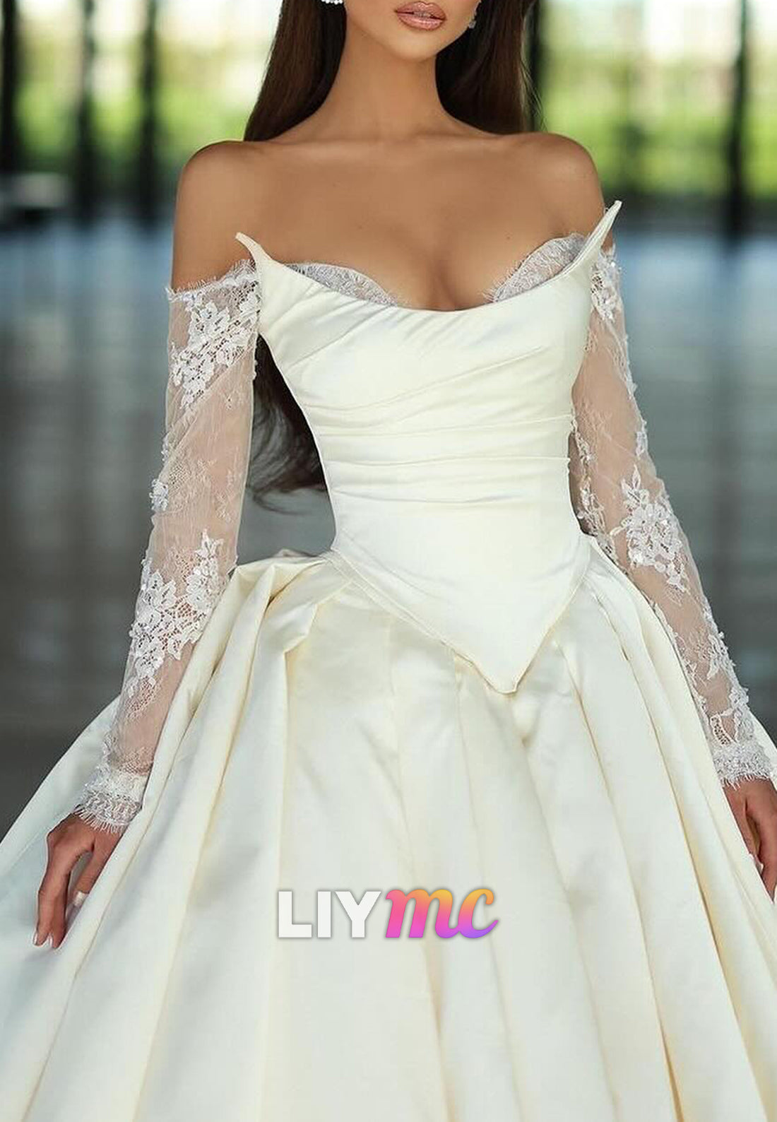 Corset Long Sleeves Pleated Satin V-Neck Wedding Dress
