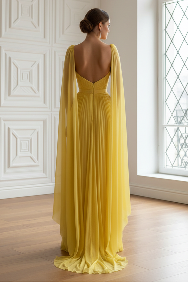 Pleated Sweetheart Tulle A-Line Prom Dress with Cape