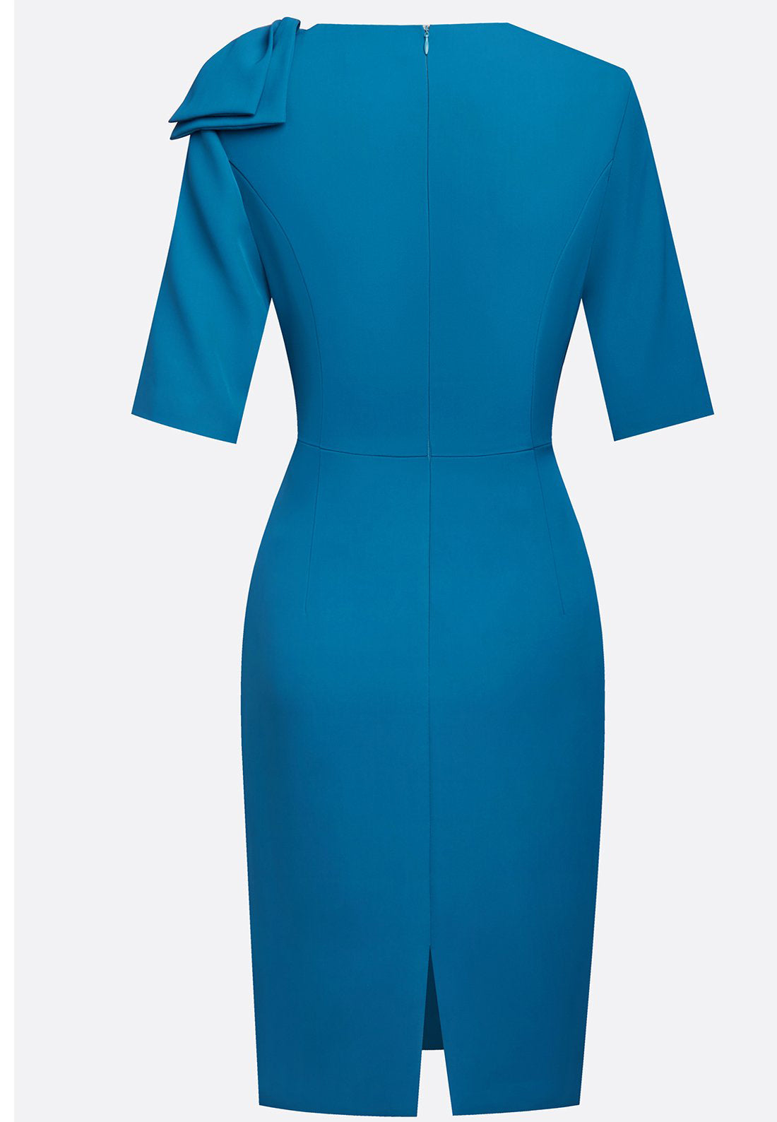 Cyan Bow Classic Crew Neck Half Sleeve Sheath Midi Dress