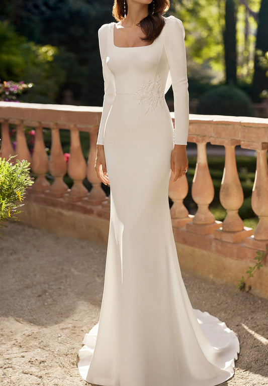 Square Long Sleeves Sleek Mermaid Simple Wedding Dress