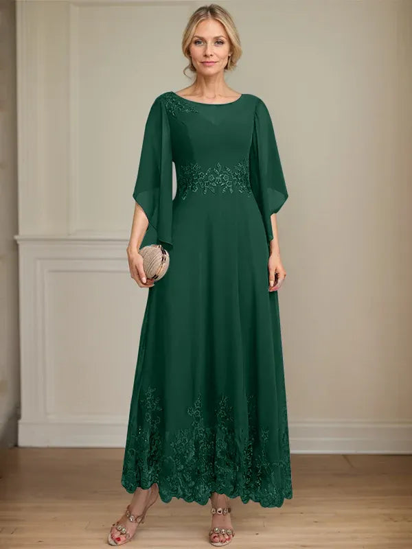 A-line Scoop Illusion Ankle-Length Lace Chiffon Mother of the Bride Dress With Sequins