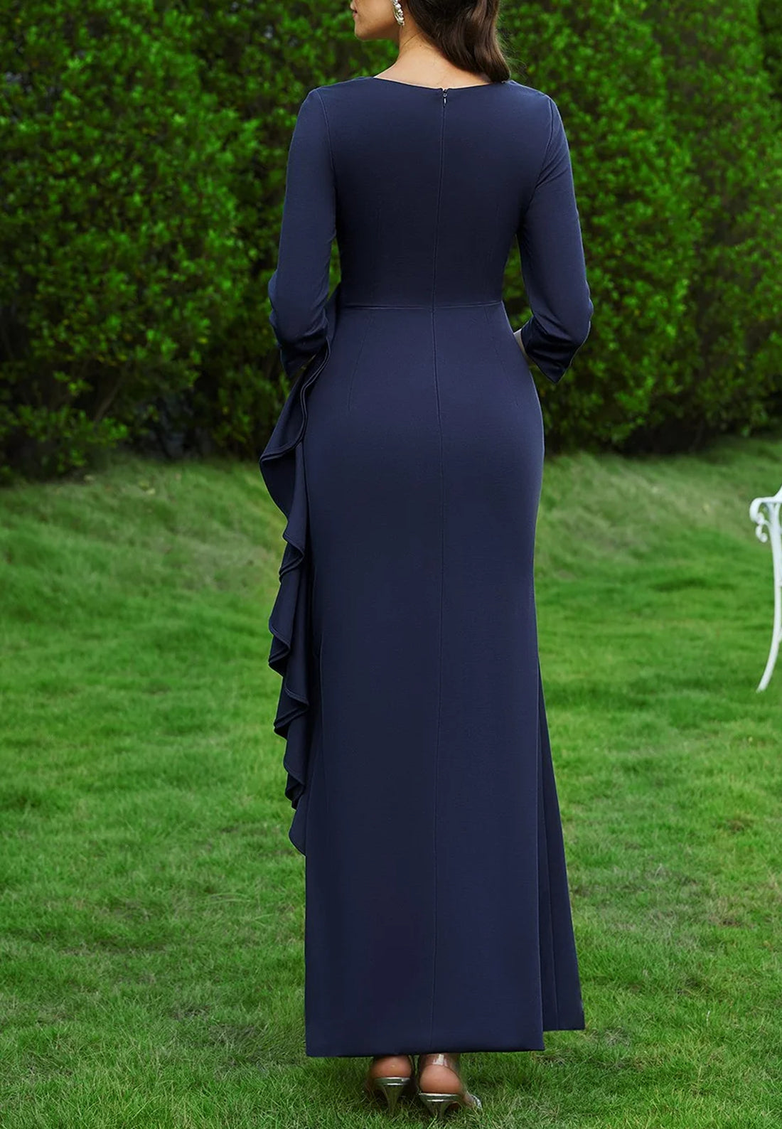Dark Blue Ruched V Neck Long Sleeve Mermaid Floor Length Dress