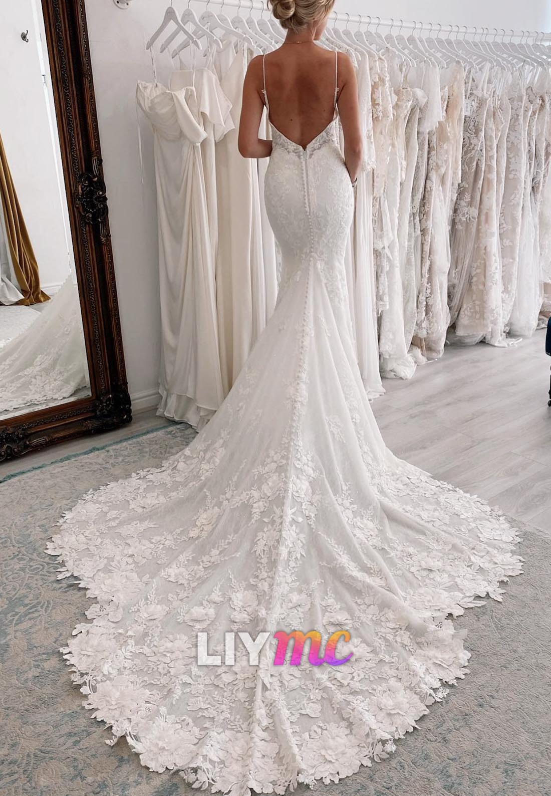 Deep V-Neck Appliques Straps Mermaid Wedding Dress
